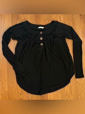 We The Free Black Ribbed Long Sleeve Button Front Top Small oversized waffle